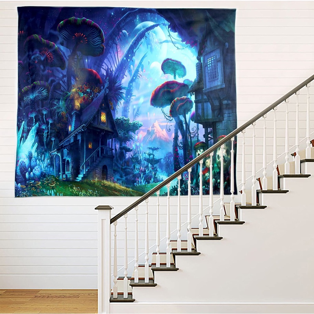 Large Trippy Psychedelic Mushroom Hut In The Forest Tapestry Wall Art Hanging - Picture 3 of 11
